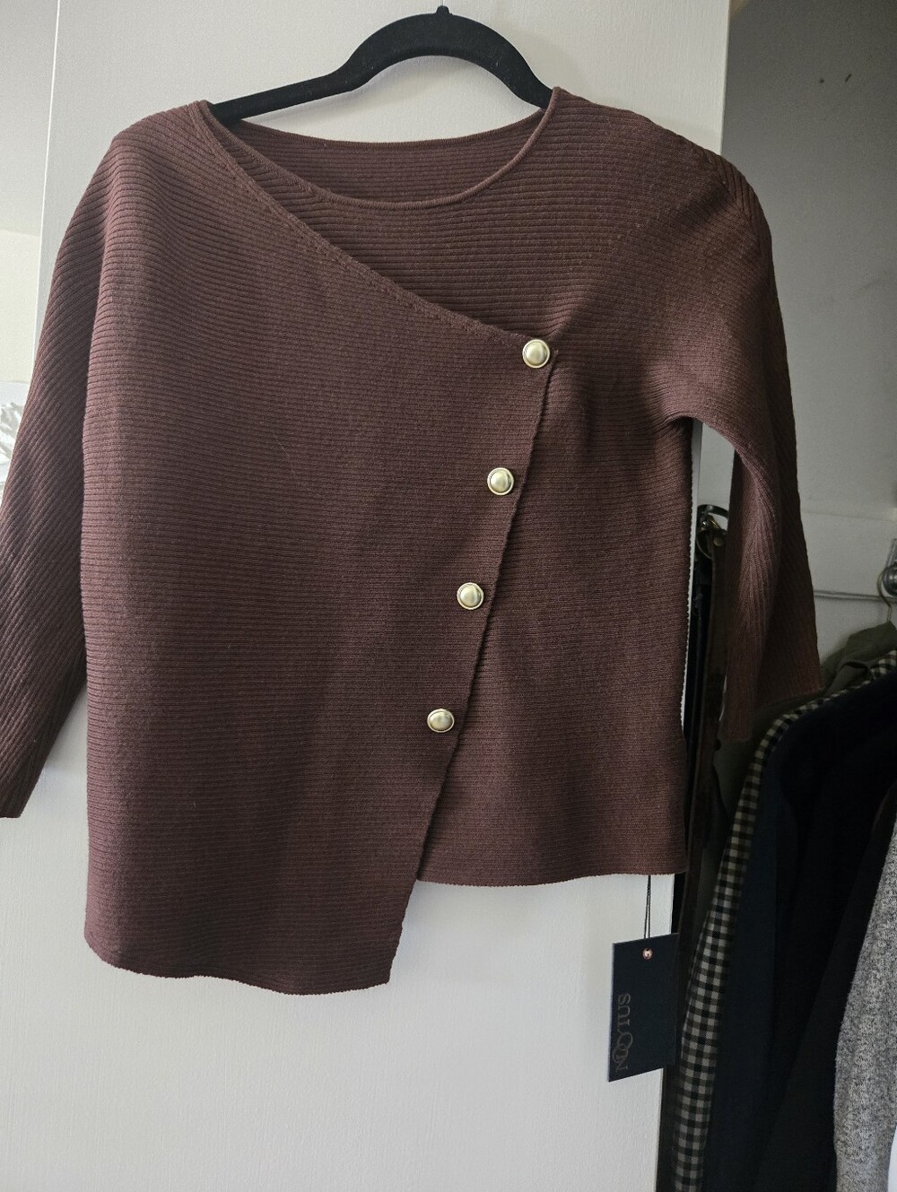 Asymmetrical Off-the-Shoulder Sweater with Decorative Buttons - Brown